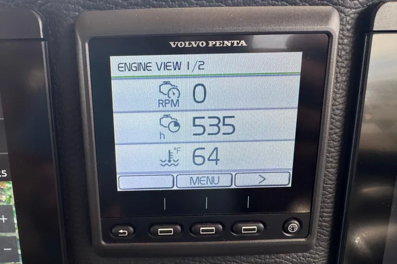 Slide: The Image of Volvo Penta engine display on 2020 Cutwater C-30 CB boat, showing RPM and temperature. - 21