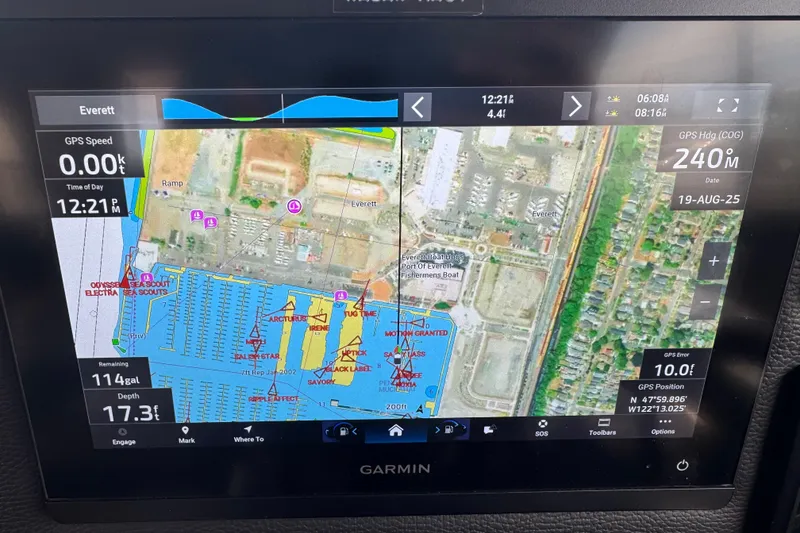 Slide: The Image of Garmin navigation display on a 2020 Cutwater C-30 CB boat, showing Everett marina map. - 22