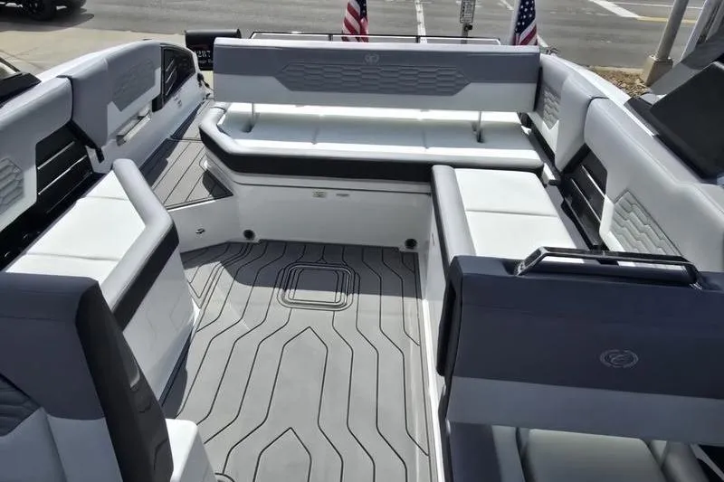Slide: The Image of 2026 Cobalt A29 boat interior with sleek seating and modern design. - 10
