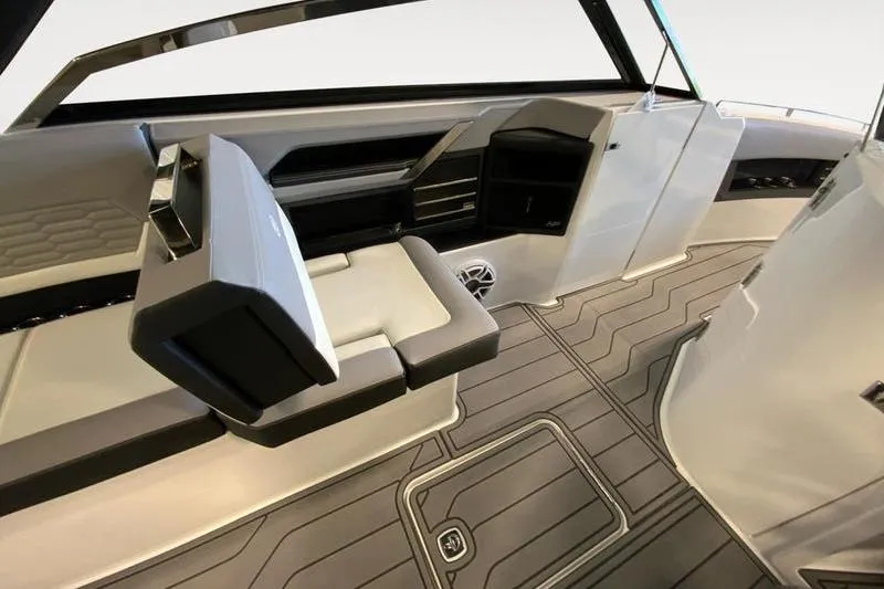 Slide: The Image of 2026 Cobalt A29 boat interior with modern seating and sleek design. - 5