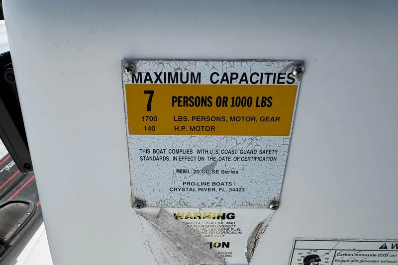 Slide: The Image of 2011 Pro-Line 20 CC capacity plate showing maximum 7 persons or 1000 lbs limit. - 21