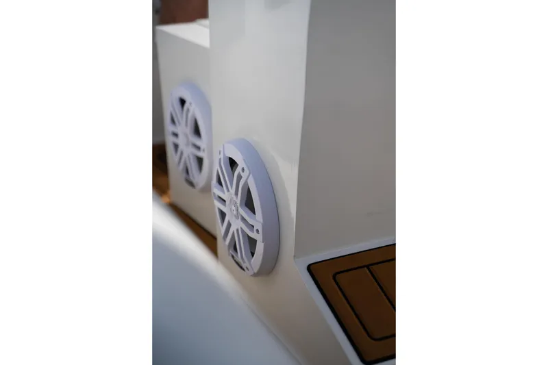Slide: The Image of Close-up of 2026 Tide Craft Galveston 19 boat speakers and deck detail. - 10