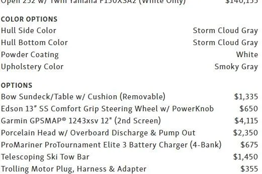 Slide: The Image of 2026 Sportsman Open 252 Center Console options list with pricing and color choices. - 14