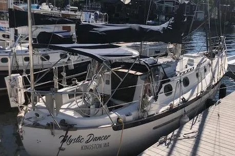 Slide: The Image of 1988 Pacific Seacraft 34 sailboat docked, named "Mystic Dancer," in Kingston, WA marina. - 7