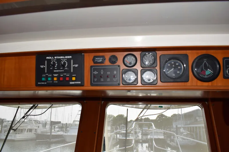 Slide: The Image of Control panel of a 2001 Kadey Krogen 48 yacht with various gauges and stabilizer controls. - 14