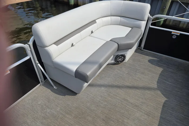 Slide: The Image of 2023 Godfrey Sweetwater 2086 CX pontoon boat with gray seating and speaker. - 8