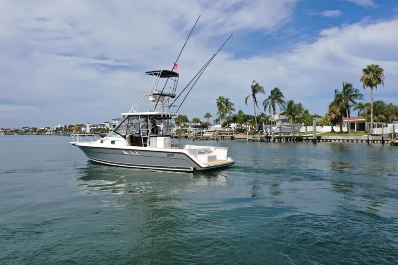 Slide: The Image of 1992 Luhrs 300 Tournament boat cruising on a sunny day near palm-lined shore. - 5