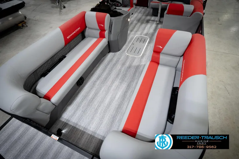 Slide: The Image of Interior of 2026 Bennington 22 SLJ pontoon boat with red and gray seating. - 11