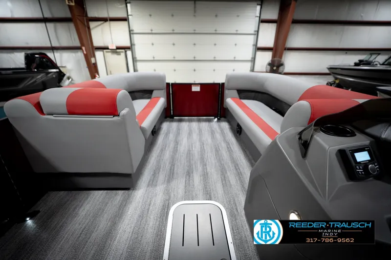Slide: The Image of Interior of 2026 Bennington 22 SLJ pontoon boat with red and gray seating. - 19