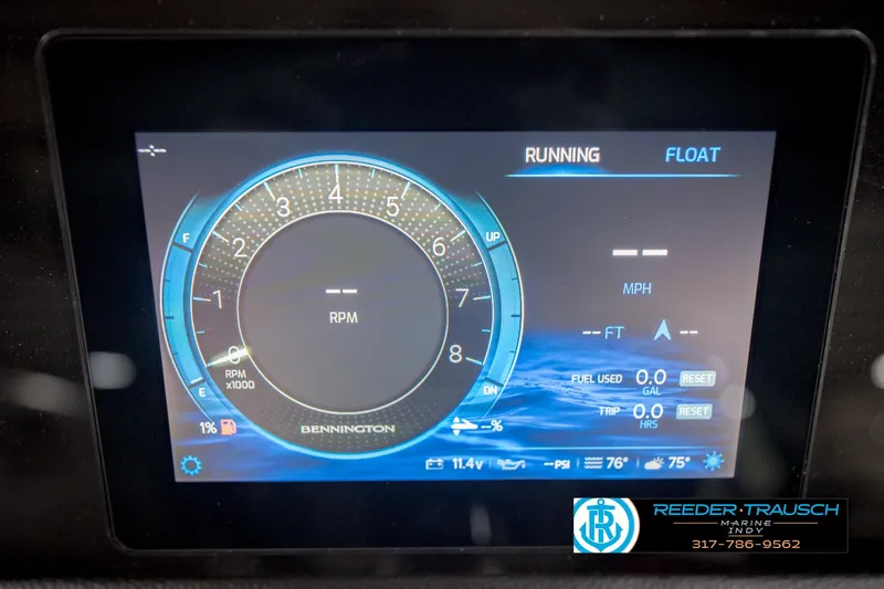 Slide: The Image of 2026 Bennington 22 SLJ dashboard display showing RPM, fuel, and trip data. - 34