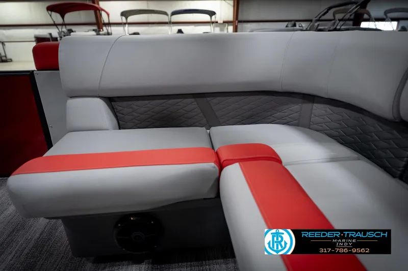 Slide: The Image of 2026 Bennington 22 SLJ boat interior with gray and red seating, quilted design. - 41
