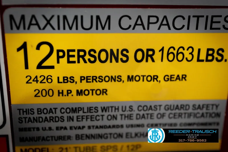 Slide: The Image of Maximum capacity label for 2026 Bennington 22 SLJ boat, 12 persons or 1663 lbs. - 56