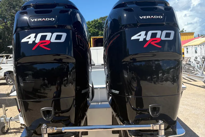 Slide: The Image of Twin Mercury Verado 400R outboard engines on a Legend race boat, 2025 model. - 3
