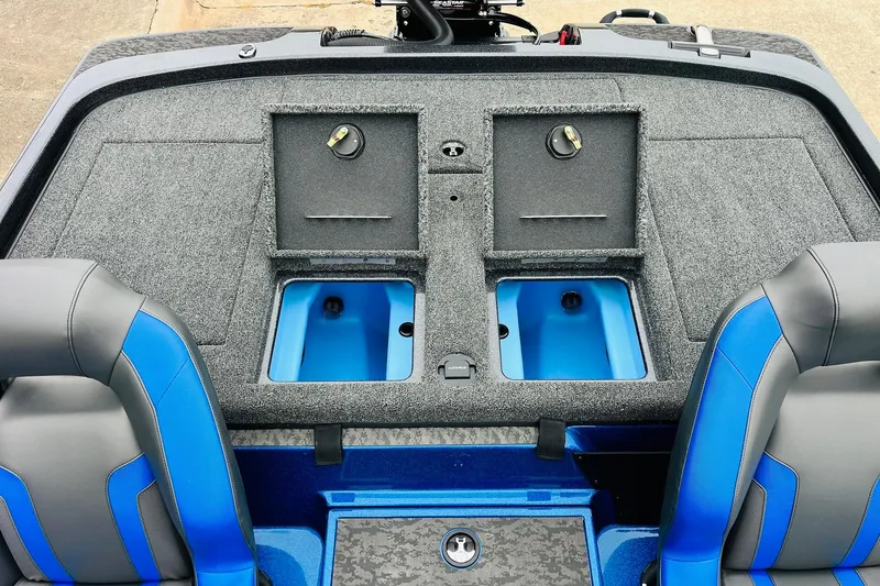 Slide: The Image of 2026 Nitro Z21 XL Pro boat interior with blue seats and storage compartments. - 108