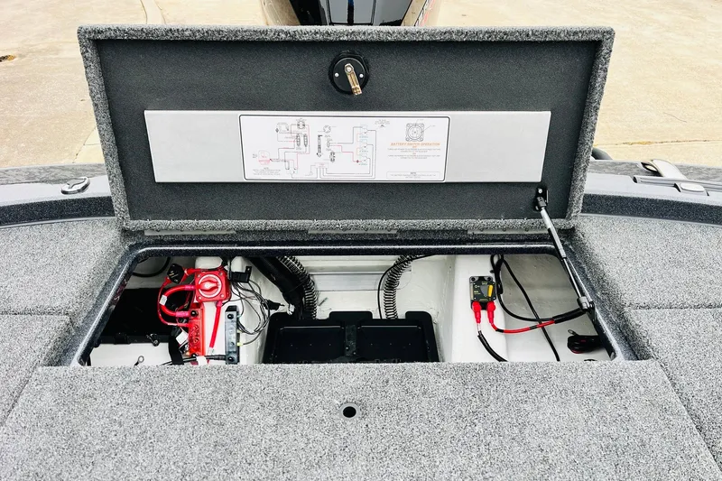 Slide: The Image of 2026 Nitro Z21 XL Pro boat battery compartment with wiring and diagram. - 123