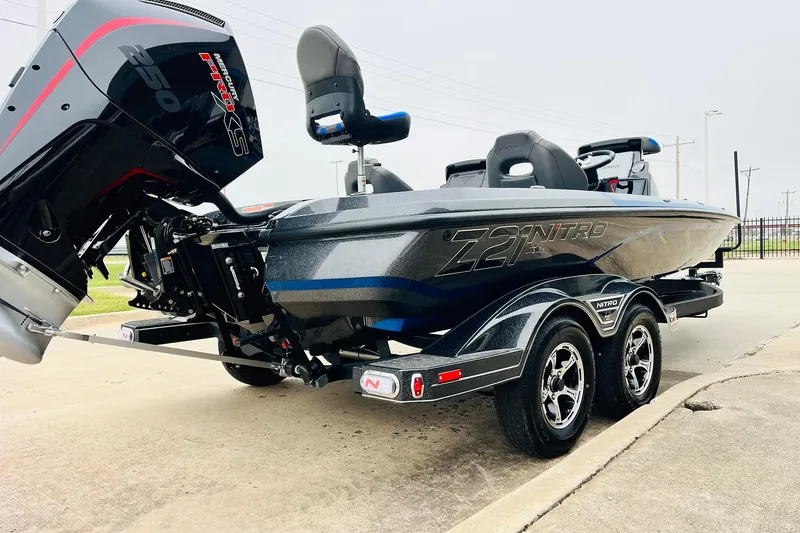 Slide: The Image of 2026 Nitro Z21 XL Pro boat with Mercury 250 Pro XS engine on trailer. - 62