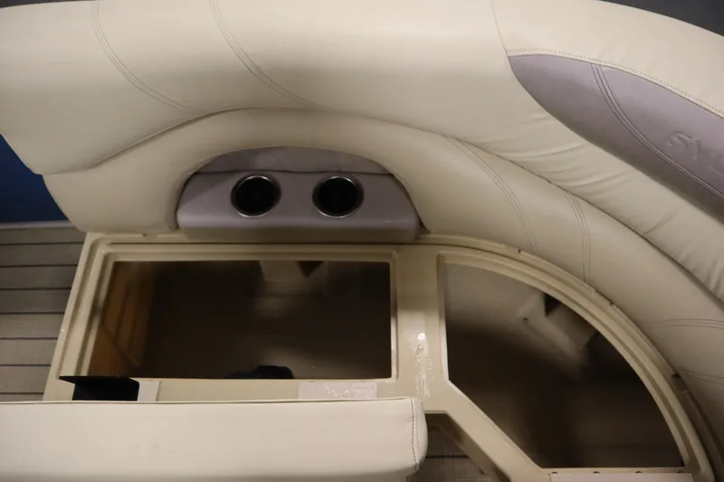 Slide: The Image of 2018 Sylvan 820 Mirage boat seat with storage compartment and cup holders. - 13
