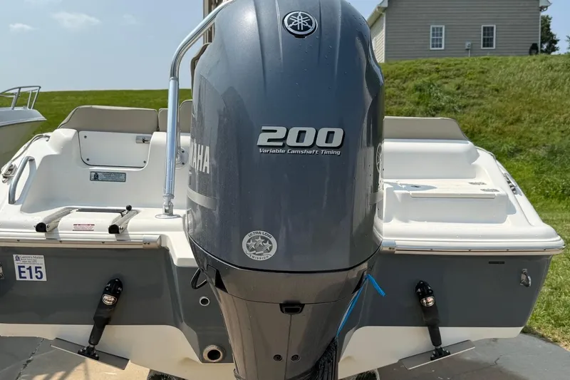 Slide: The Image of 2022 Key West 219 FS boat with Yamaha 200 engine, rear view. - 2