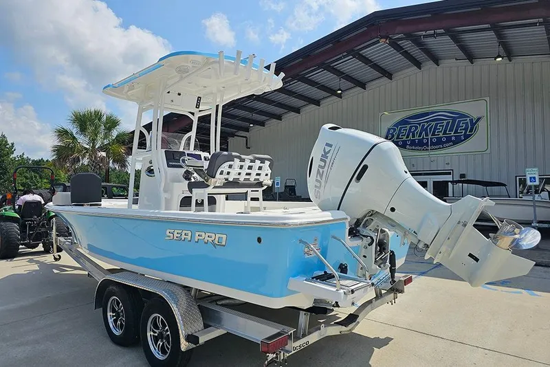 Slide: The Image of 2026 Sea Pro 230 Bay boat with Suzuki engine at Berkeley Outdoors. - 2