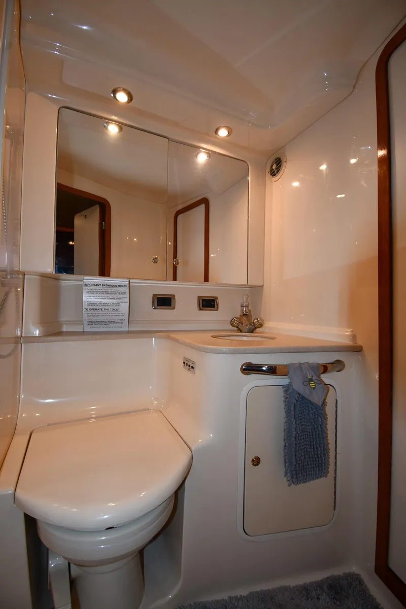 Slide: The Image of 2003 Sea Ray 460 Sundancer bathroom with modern fixtures and lighting. - 43