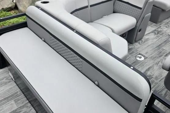 Slide: The Image of 2022 Apex Marine Qwest boat interior with gray seating and modern design. - 5