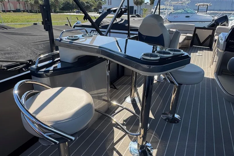 Slide: The Image of Luxurious 2022 Viaggio Diamante B boat interior with sleek seating and modern table design. - 17