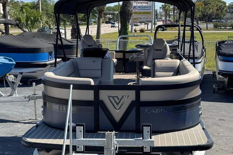Slide: The Image of 2022 Viaggio Diamante B pontoon boat with luxurious seating and sleek design. - 2