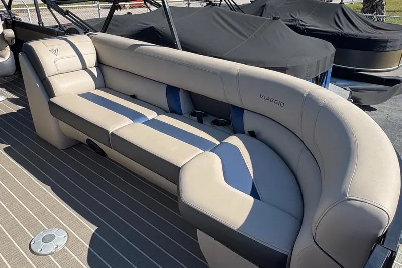 Slide: The Image of Luxurious Viaggio Diamante B 2022 boat seating with beige and blue upholstery. - 28