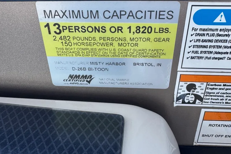 Slide: The Image of Boat capacity label for 2022 Viaggio Diamante B, 13 persons or 1,820 lbs, 150 horsepower. - 33