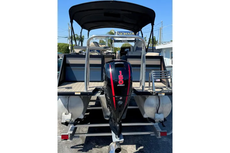 Slide: The Image of 2022 Viaggio Diamante B pontoon boat with Mercury 150 engine, rear view. - 40