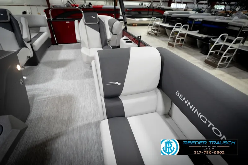 Slide: The Image of Interior of 2026 Bennington 20 SSR pontoon boat with gray seating and flooring. - 22