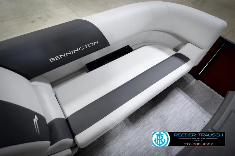 Slide: The Image of 2026 Bennington 20 SSR boat interior seating, featuring sleek gray and white upholstery. - 43