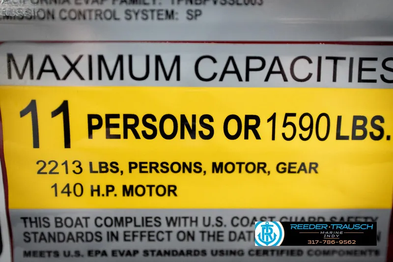 Slide: The Image of 2026 Bennington 20 SSR capacity label: 11 persons or 1590 lbs, 140 HP motor. - 50