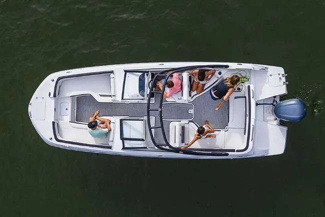 Slide: The Image of Manufacturer Provided Image: 2023 Hurricane SunDeck 235 OB boat with passengers, aerial view. - 21
