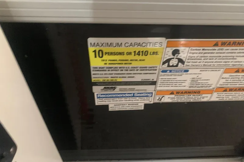 Slide: The Image of Sweetwater 2086 2012 capacity label, maximum 10 persons or 1410 lbs, safety warnings. - 11