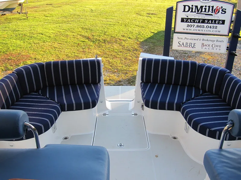 Slide: The Image of 2011 Back Cove 30 yacht with striped seating, displayed at DiMillo's Yacht Sales. - 23
