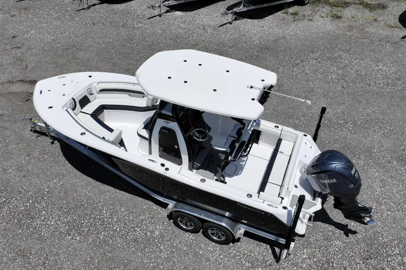 Slide: The Image of 2026 Tidewater 232 LXF boat on trailer, aerial view, featuring Yamaha outboard motor. - 4