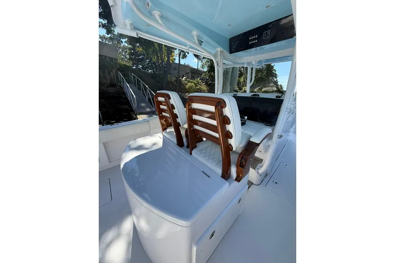 Slide: The Image of 2021 Jupiter 38 HFS boat interior with elegant seating and modern design. - 12