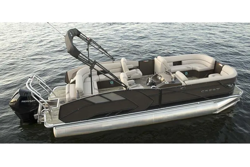 Slide: The Image of 2022 Crest Caribbean LX 230 SLS pontoon boat on water, featuring sleek design and comfortable seating. - 11