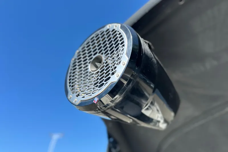 Slide: The Image of Close-up of a 2014 Axis A24 boat speaker against a clear blue sky. - 12