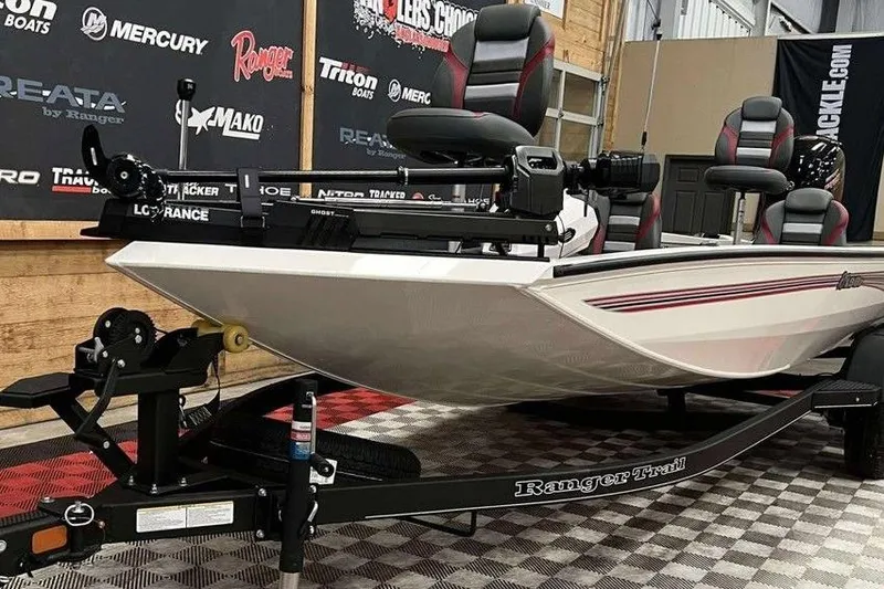 Slide: The Image of 2026 Ranger RT198P boat on display with trailer in showroom setting. - 2
