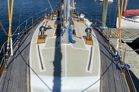 Slide: The Image of 1972 Cheoy Lee Offshore 47 Yawl sailboat deck, docked at marina. - 21