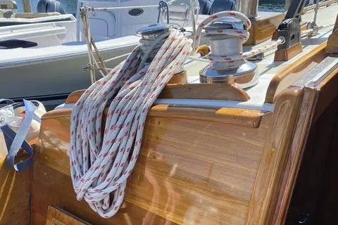 Slide: The Image of 1972 Cheoy Lee Offshore 47 Yawl deck with ropes and winch. - 29