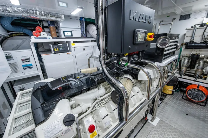 Slide: The Image of Engine room of 2022 Princess X95 yacht featuring MAN engine and advanced equipment. - 93