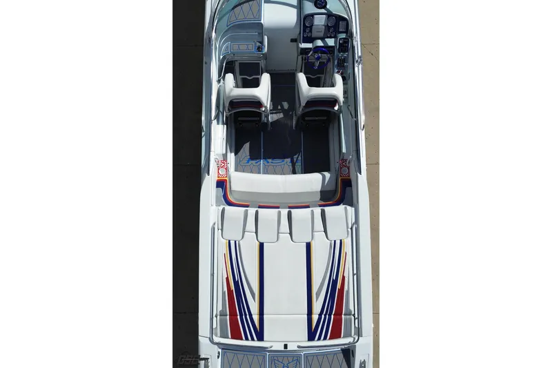 Slide: The Image of Overhead view of 2012 Formula 382 FASTech boat with colorful interior design. - 21