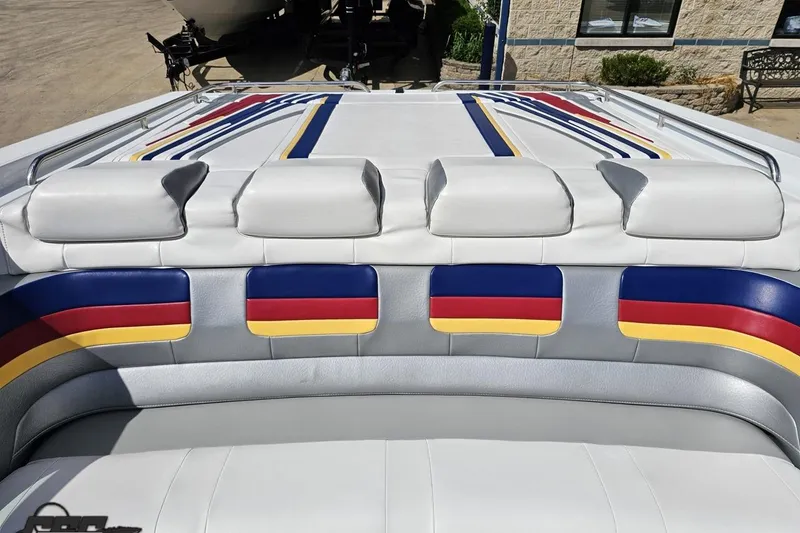 Slide: The Image of 2012 Formula 382 FASTech boat interior with colorful striped upholstery design. - 73