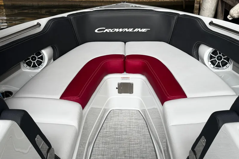 Slide: The Image of Luxurious seating in 2026 Crownline 298 SS boat with red and white upholstery. - 9