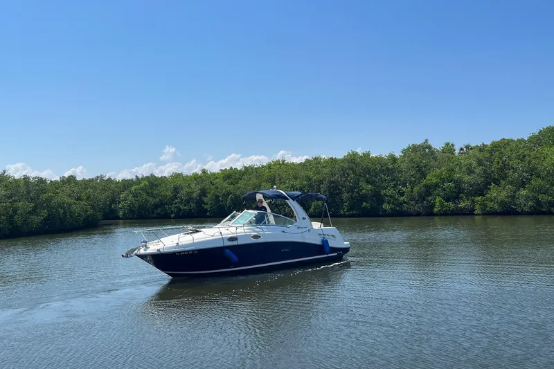 Slide: The Image of 2005 Sea Ray 260 Sundancer cruising on a calm river under a clear blue sky. - 1
