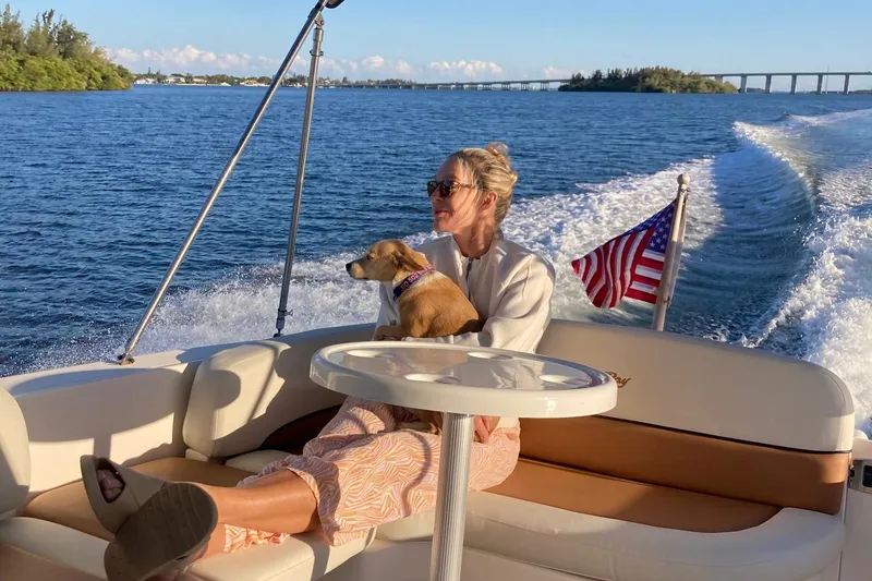 Slide: The Image of Woman and dog relaxing on a 2005 Sea Ray 260 Sundancer boat, American flag waving. - 17