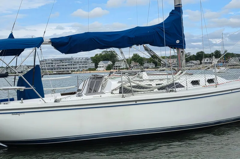 The Image of 1987 Catalina 30 MkII sailboat docked, featuring blue covers and scenic waterfront background. - 0